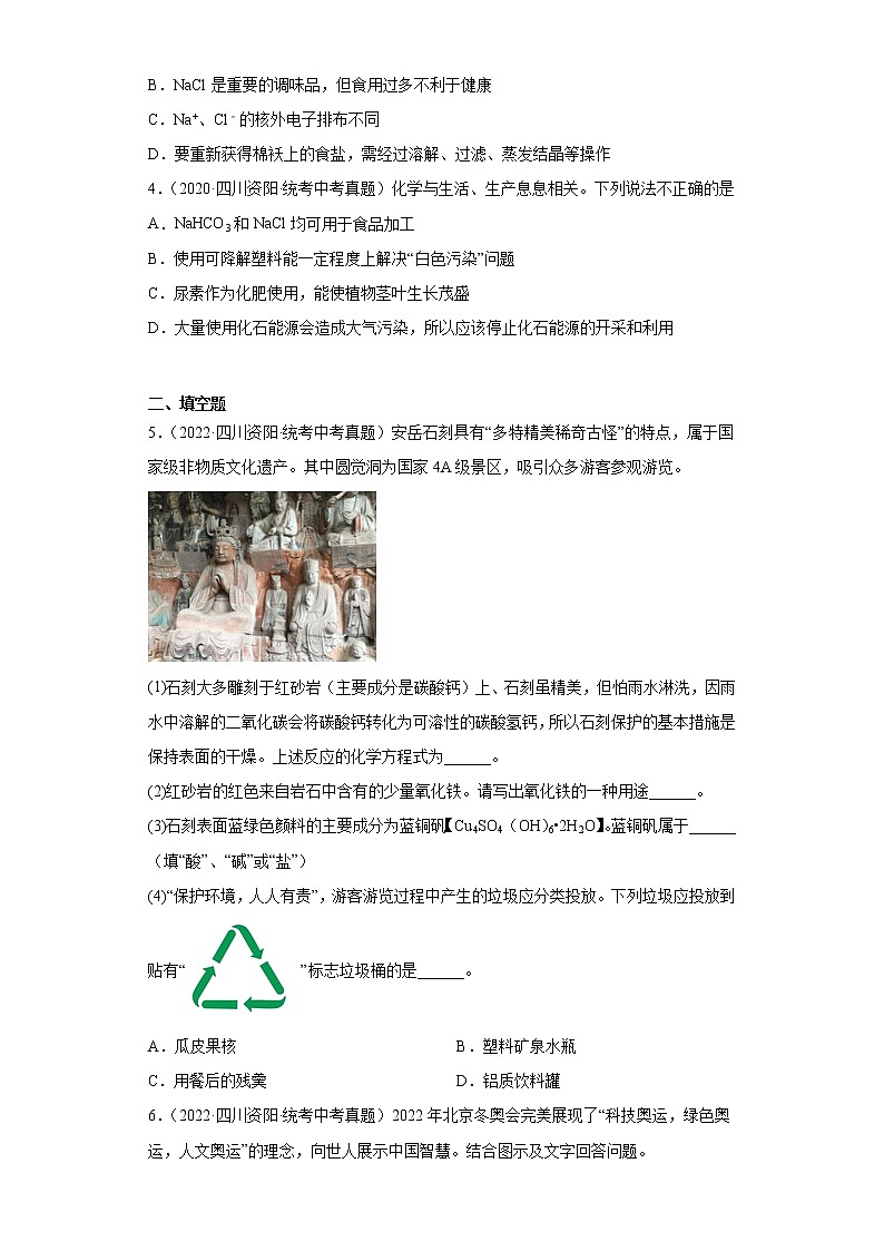 四川省资阳市2020-2022三年中考化学真题知识点分类汇编-06化学与社会发展02