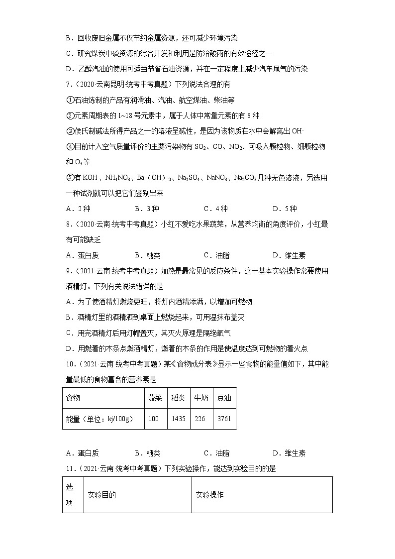 云南2020-2022三年中考化学真题知识点分类汇编-07化学与社会发展02