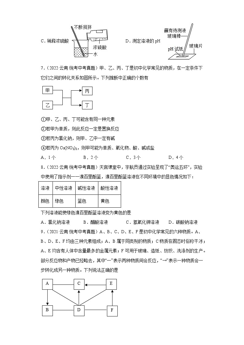 云南2020-2022三年中考化学真题知识点分类汇编-05酸和碱、中和反应03