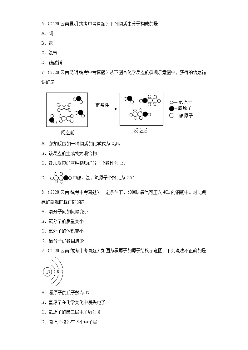 云南2020-2022三年中考化学真题知识点分类汇编-02物质构成的奥秘（化学物质的多样性、构成物质的微粒）02