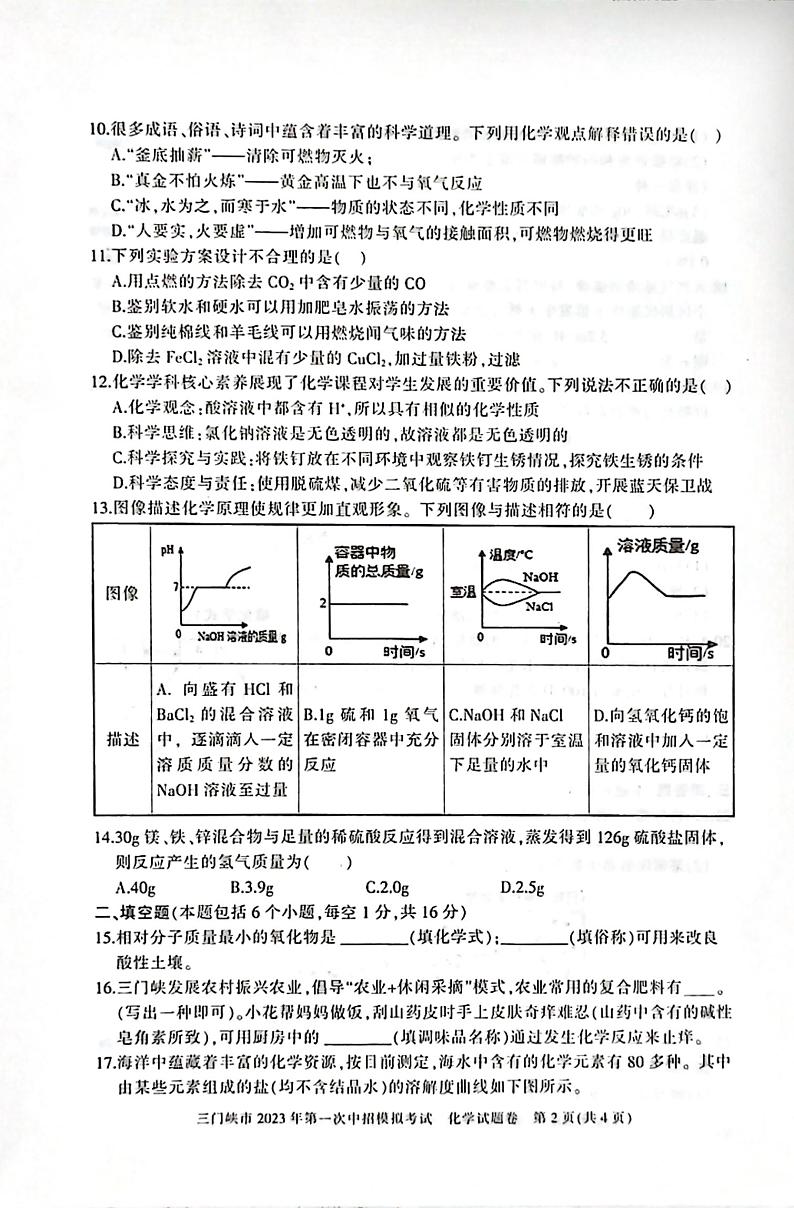 2023年河南省三门峡市灵宝市一模化学试题第2页