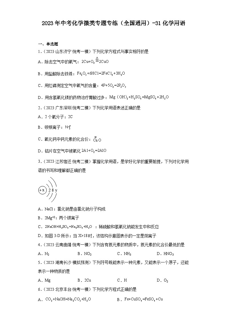 2023年中考化学微类专题专练（全国通用）-31化学用语第1页