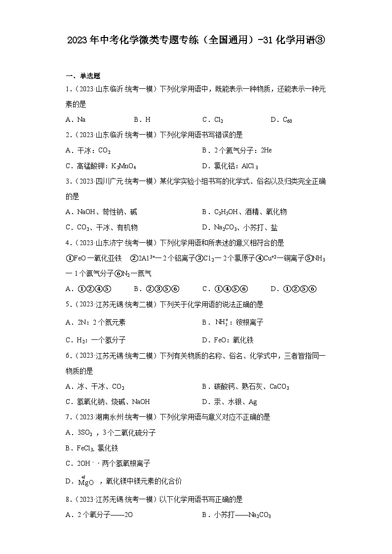 2023年中考化学微类专题专练（全国通用）-31化学用语③第1页