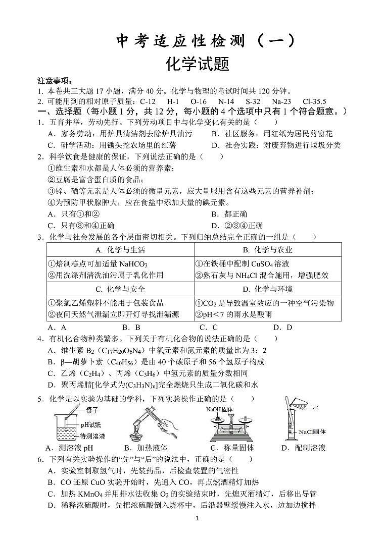2023年安徽省六安市金安区皋城中学中考适应性检测化学试题第1页