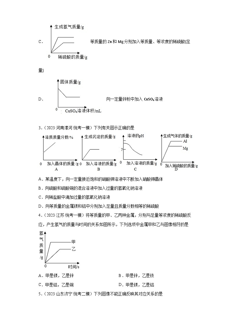 2023年中考化学冲刺复习坐标图像专题模拟新题专练-02金属与酸反应的图像③02