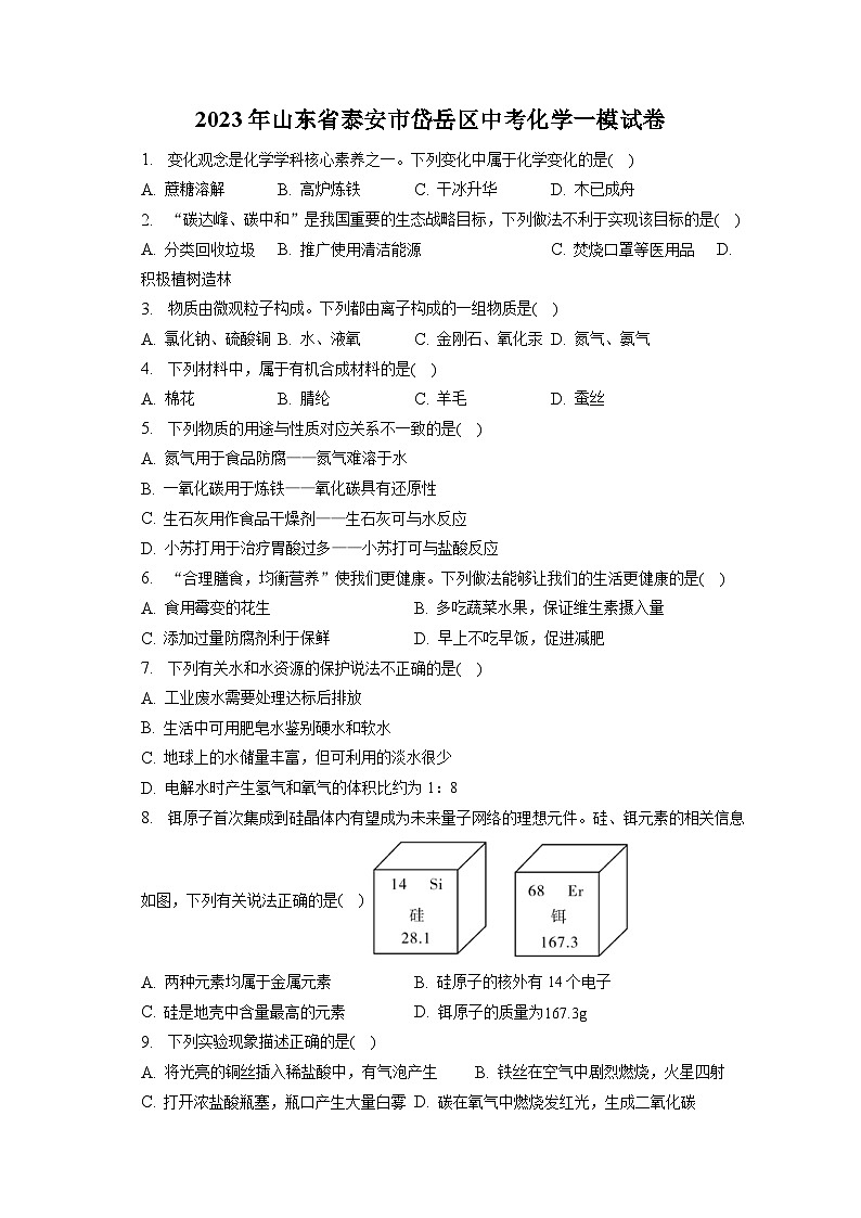 2023年山东省泰安市岱岳区中考化学一模试卷(含答案解析)第1页
