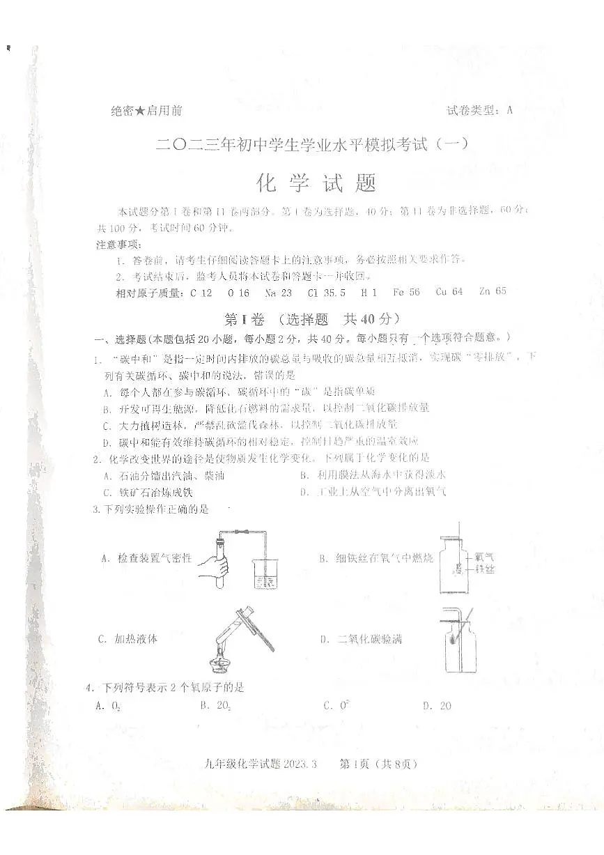 泰安市泰山区2022-2023年九年级第二学期第一次模拟考试化学试题第1页