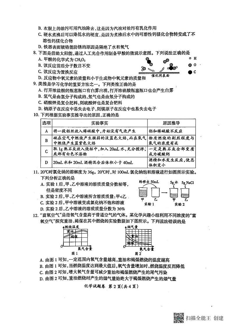 2023年安徽省滁州市中考第二次模拟考试化学试卷+02