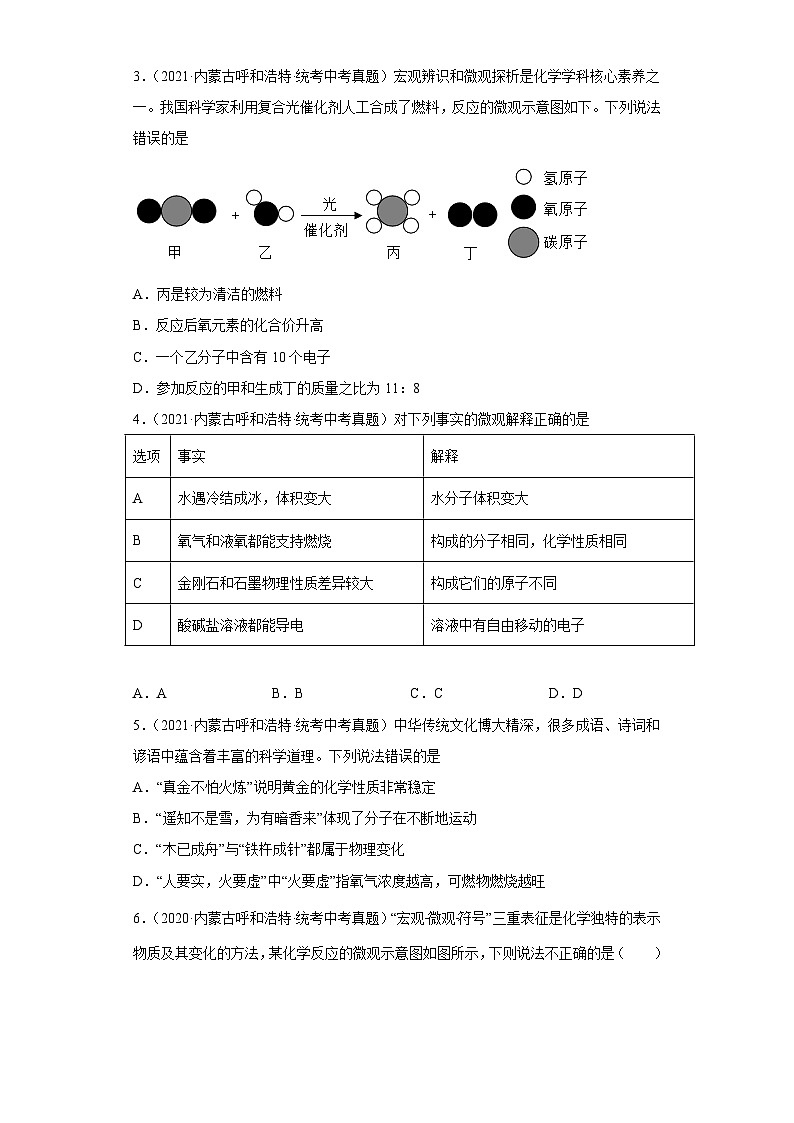 内蒙古呼和浩特三年（2018-2022）中考化学真题分题型分层汇编-02物质的构成（选择题）第2页