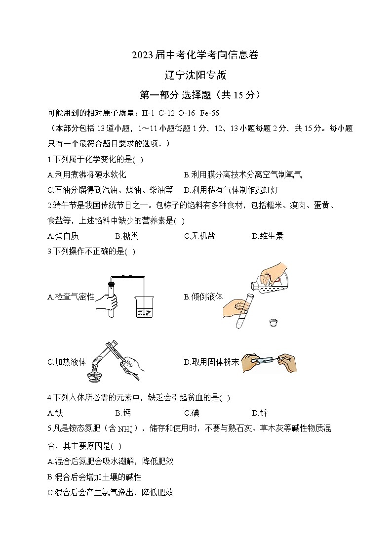 2023届中考化学考向信息卷 辽宁沈阳专版01