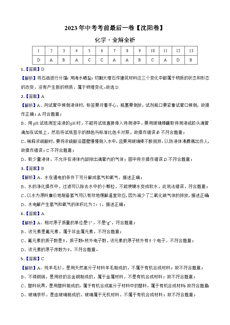 化学（沈阳卷）-【试题猜想】2023年中考考前最后一卷（考试版+答题卡+全解全析+参考答案）01