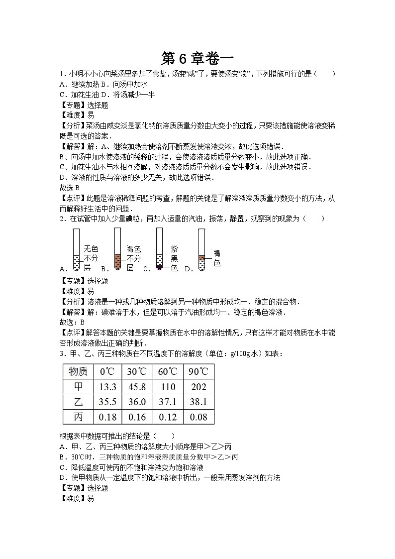 初中化学九年级下沪教版第6章卷一第1页