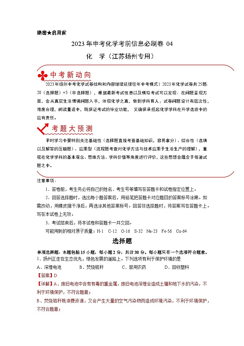2023年中考化学考前30天冲刺必刷卷（江苏扬州专用）解析版第1页