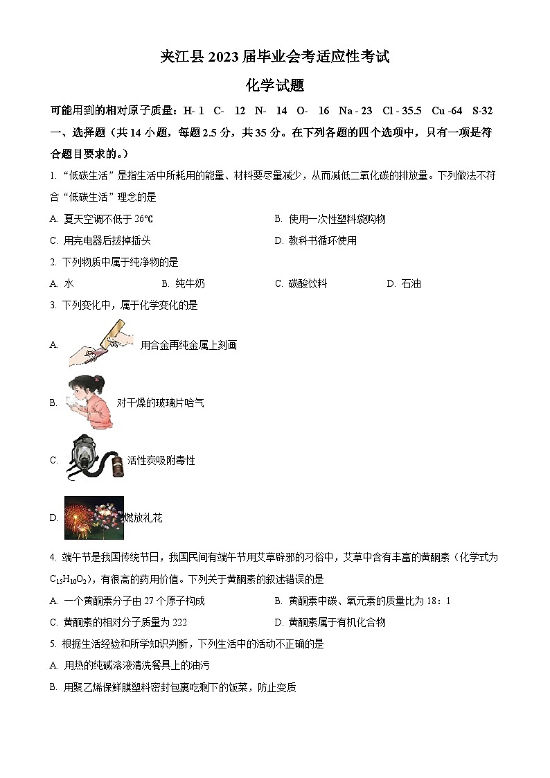 精品解析：2023年四川省乐山市夹江县中考适应性考试化学试题 （原卷版）01