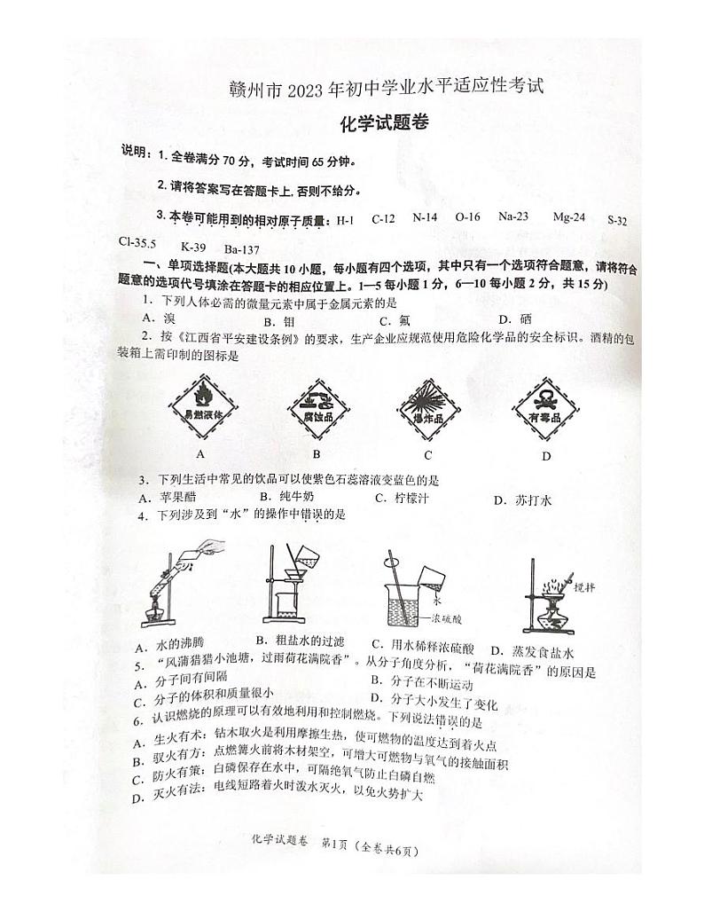 2023年江西省赣州市中考一模化学试题01