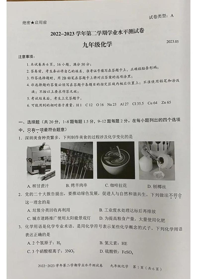 广东深圳龙华区2023届九年级中考二模化学试卷+答案第1页