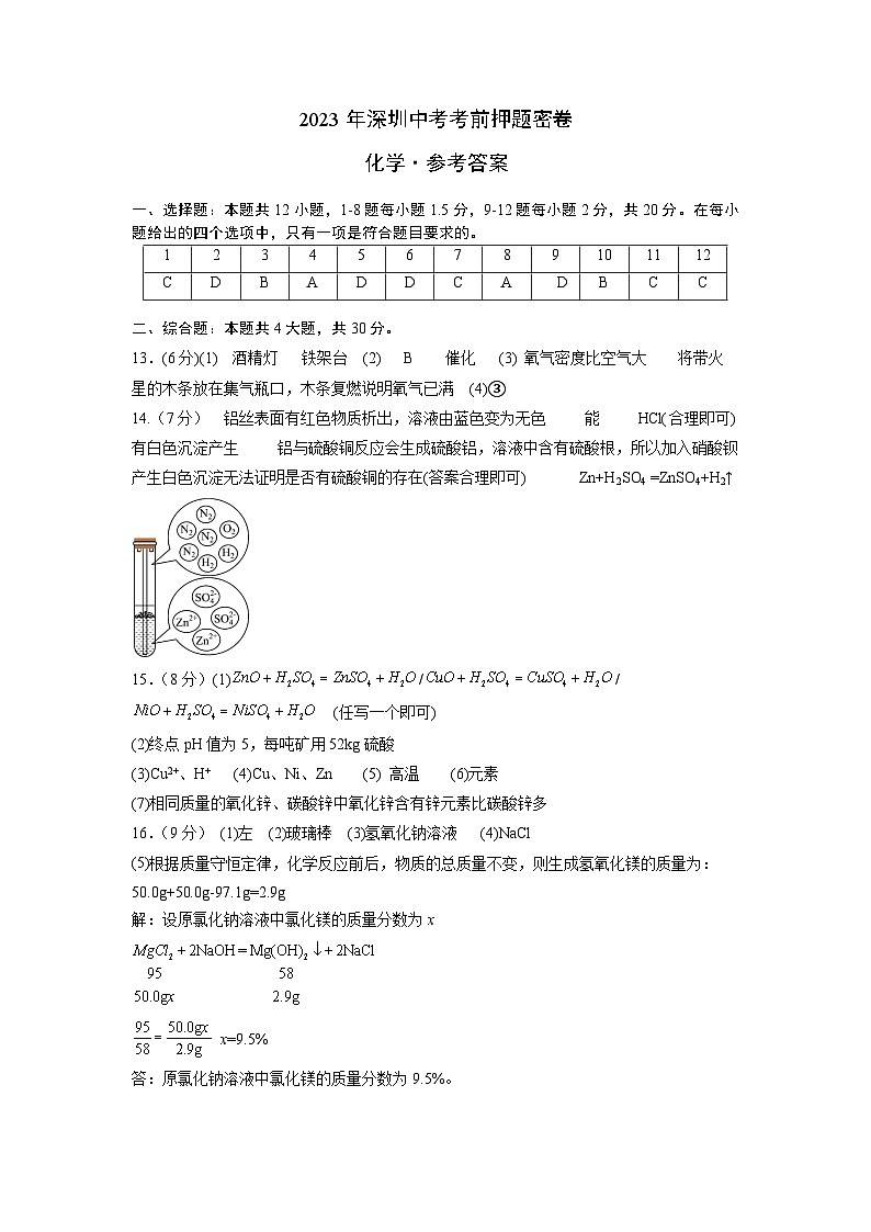 化学（深圳卷）-学易金卷：2023年中考考前押题密卷（含考试版、全解全析、参考答案、答题卡）01