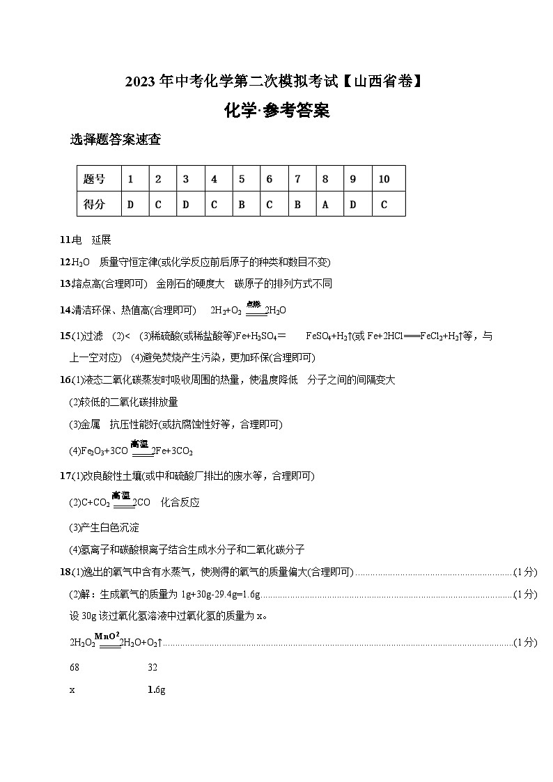 （山西省卷）2023年中考化学第二次模拟考试（参考答案）第1页