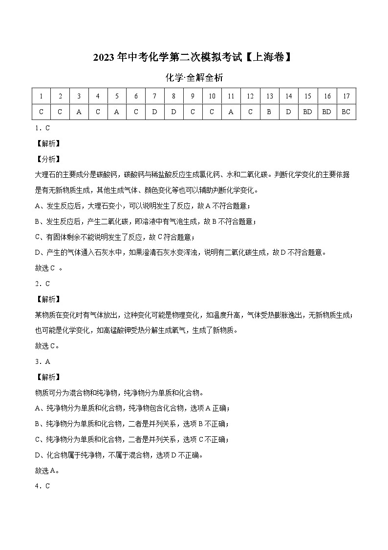 （上海卷）2023年中考化学第二次模拟考试01