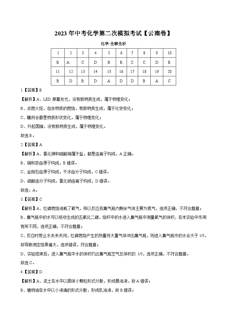 （云南卷）2023年中考化学第二次模拟考试01