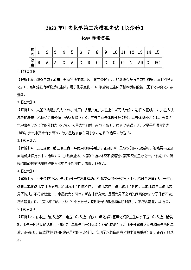 （长沙卷）2023年中考化学第二次模拟考试01