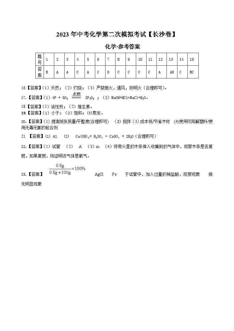 （长沙卷）2023年中考化学第二次模拟考试01