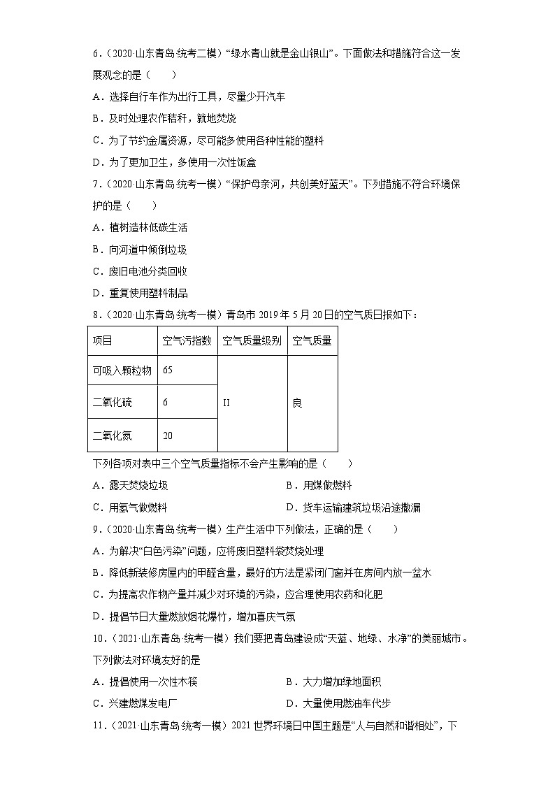 山东省青岛市三年（2020-2022）中考化学模拟题分题型分层汇编-37化学与环境第2页