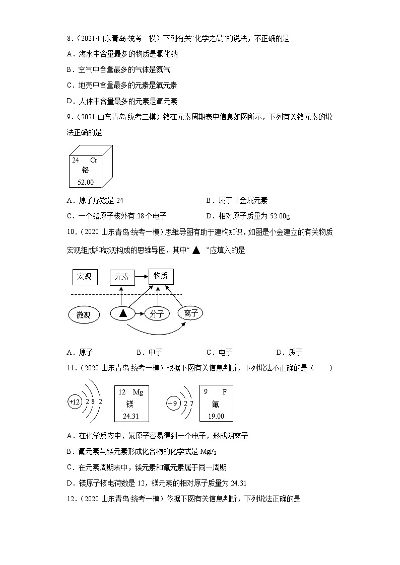 山东省青岛市三年（2020-2022）中考化学模拟题分题型分层汇编-10化学元素第2页