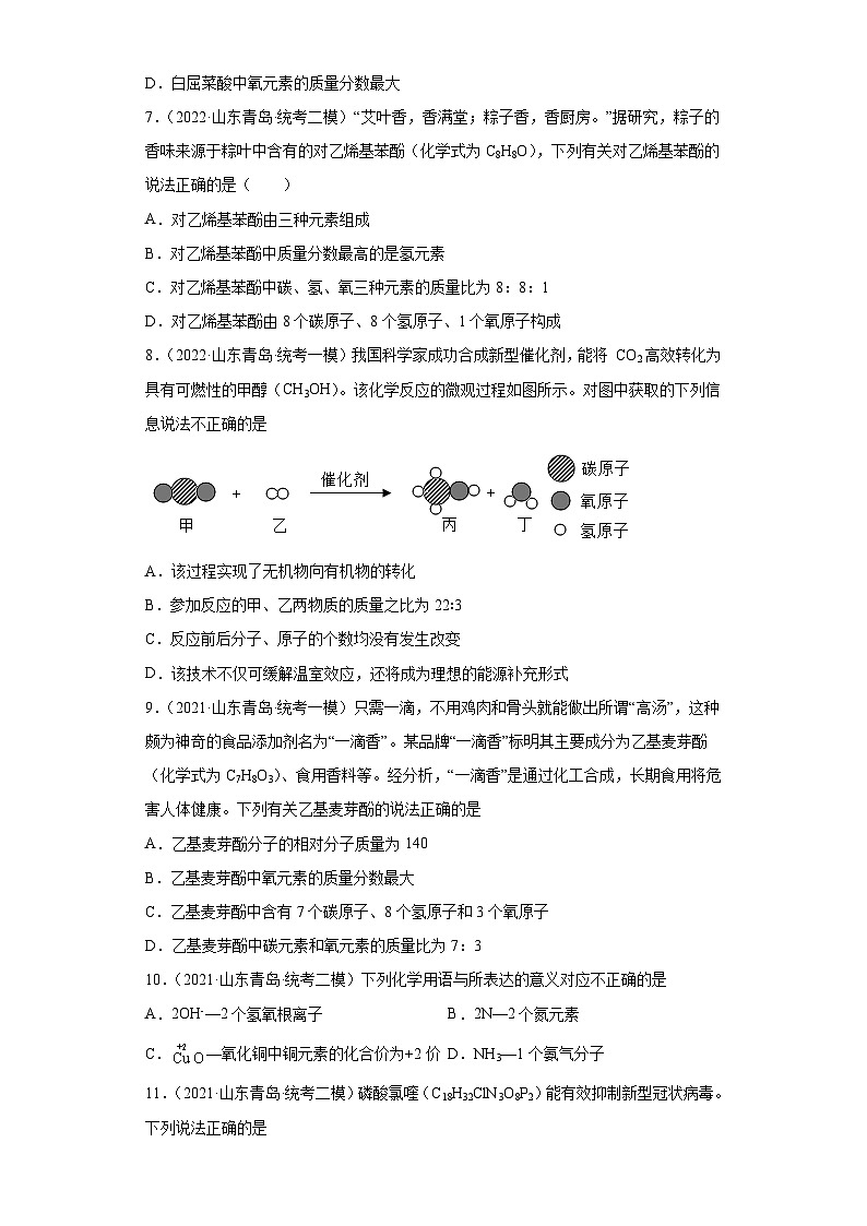 山东省青岛市三年（2020-2022）中考化学模拟题分题型分层汇编-11化学式02