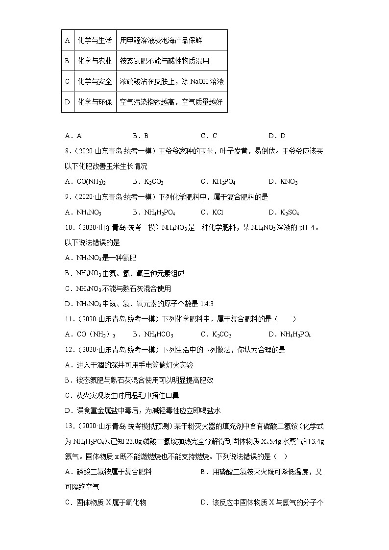 山东省青岛市三年（2020-2022）中考化学模拟题分题型分层汇编-30化学肥料第2页