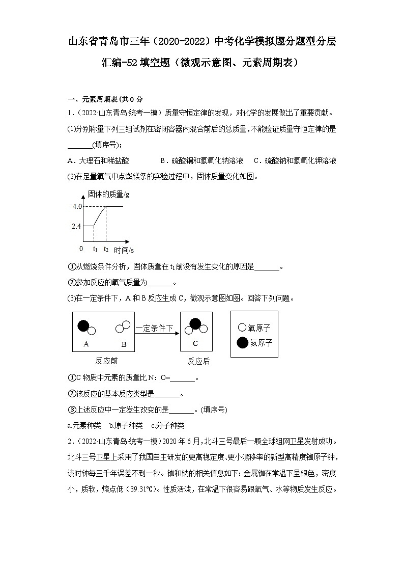山东省青岛市三年（2020-2022）中考化学模拟题分题型分层汇编-52填空题（微观示意图、元素周期）01