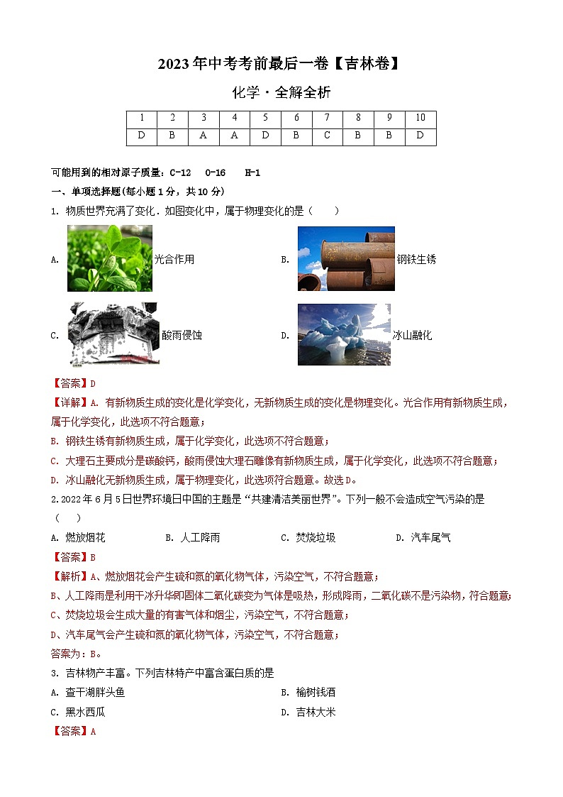 化学（吉林卷）2023年中考考前最后一卷（全解全析）第1页
