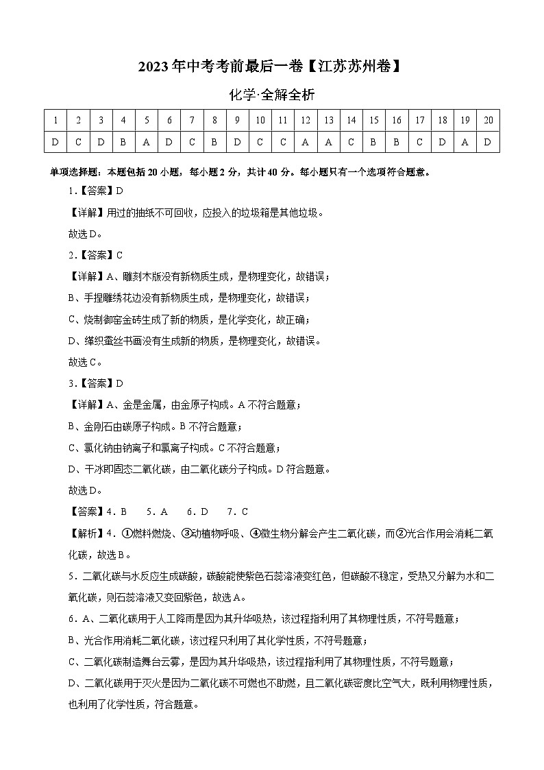 化学（江苏苏州卷）2023年中考考前最后一卷（全解全析）第1页