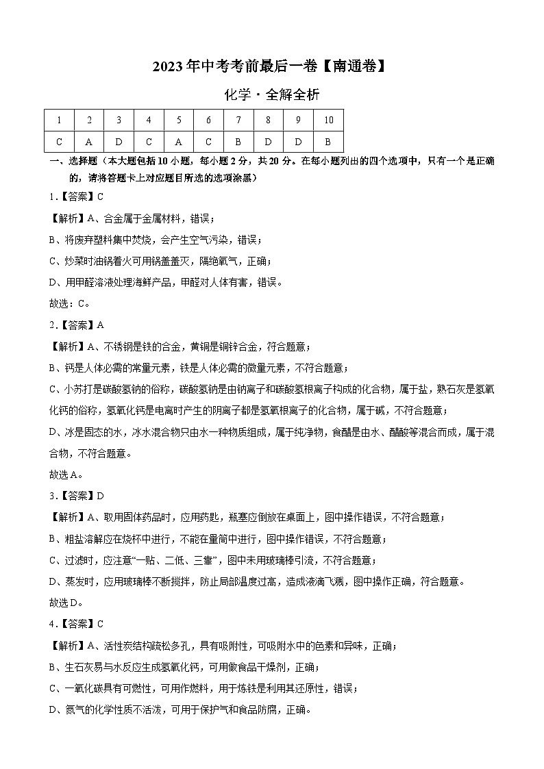 化学（南通卷）2023年中考考前最后一卷（全解全析）01