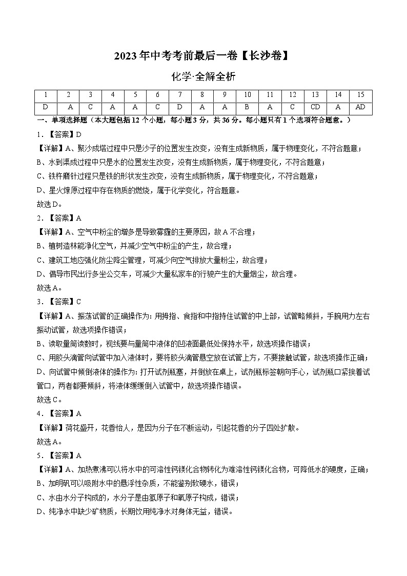 化学（长沙卷）2023年中考考前最后一卷（全解全析）01