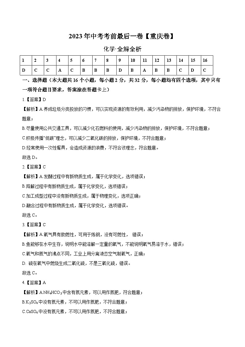 化学（重庆卷）2023年中考考前最后一卷（全解全析）01