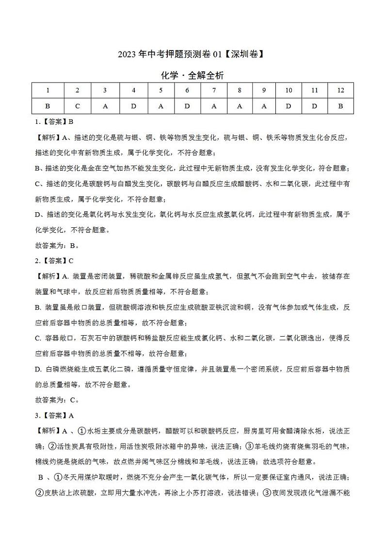 2023年中考押题预测卷01（深圳卷）-化学（全解全析）01