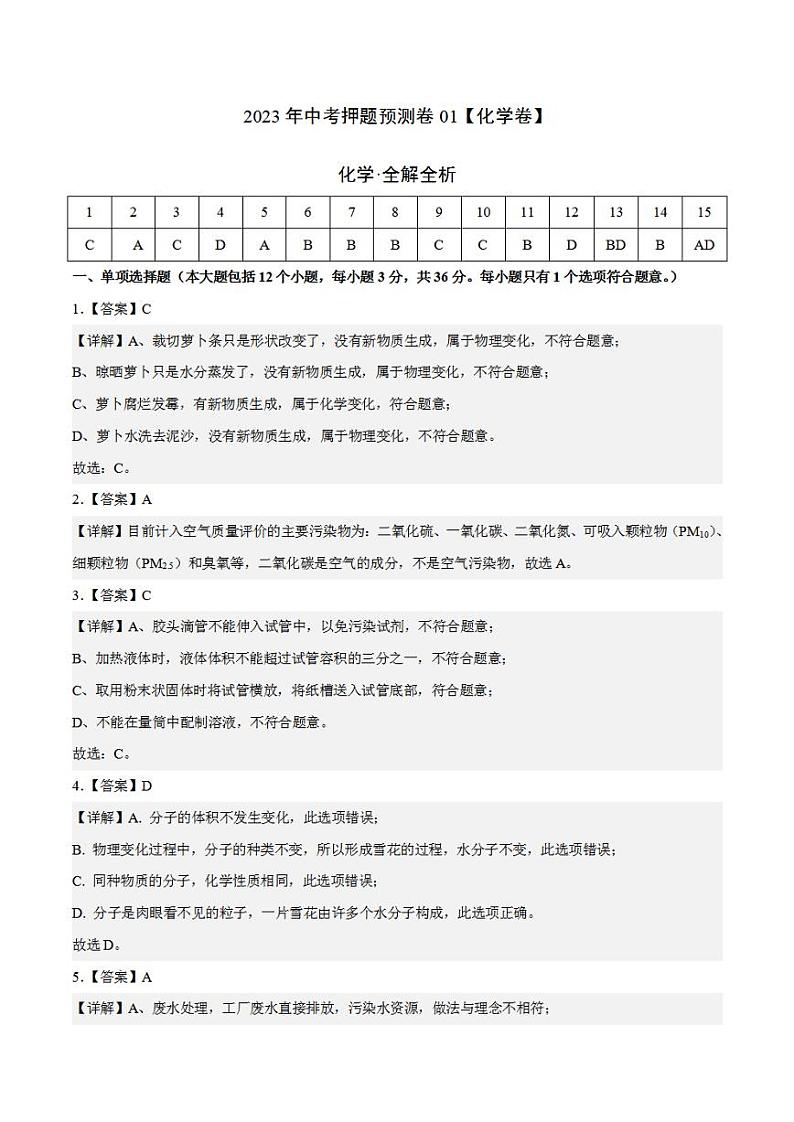 2023年中考押题预测卷01（长沙卷）-化学（全解全析）01