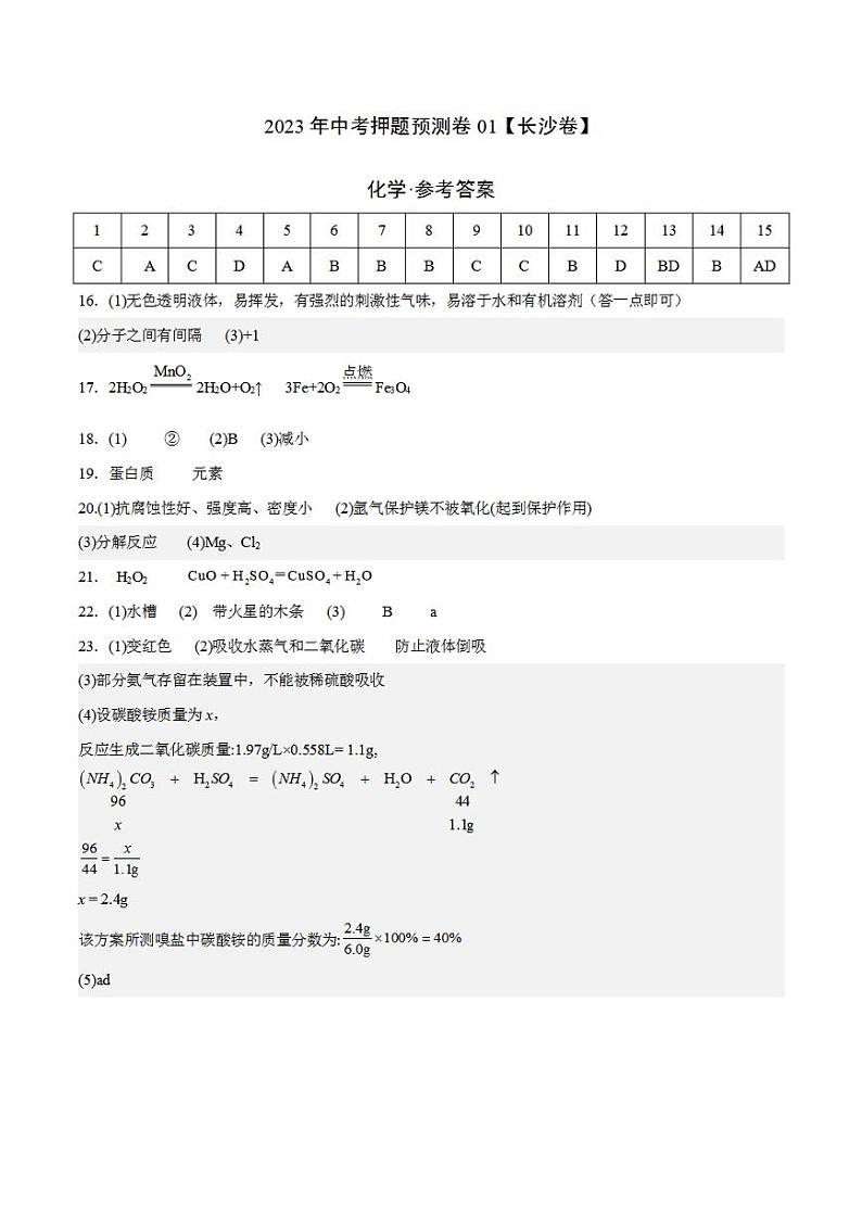 2023年中考押题预测卷01（长沙卷）-化学（参考答案）01