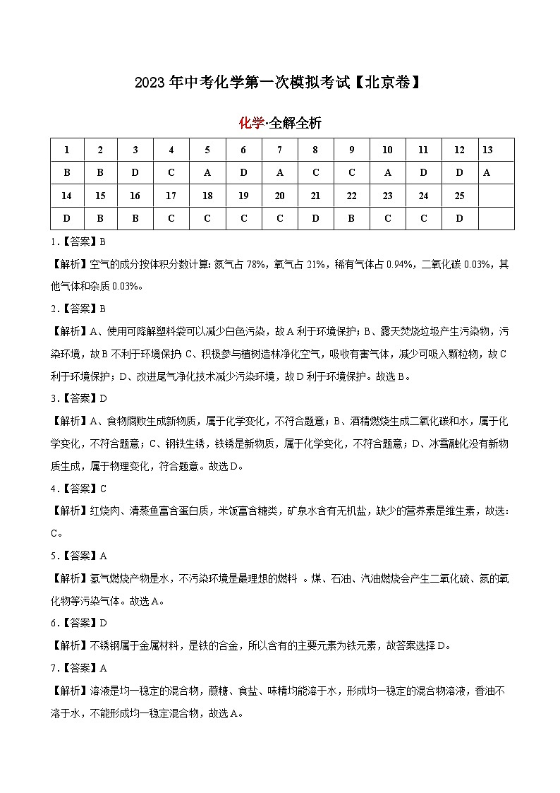 （北京专用）2023年中考化学第一次模拟考试01