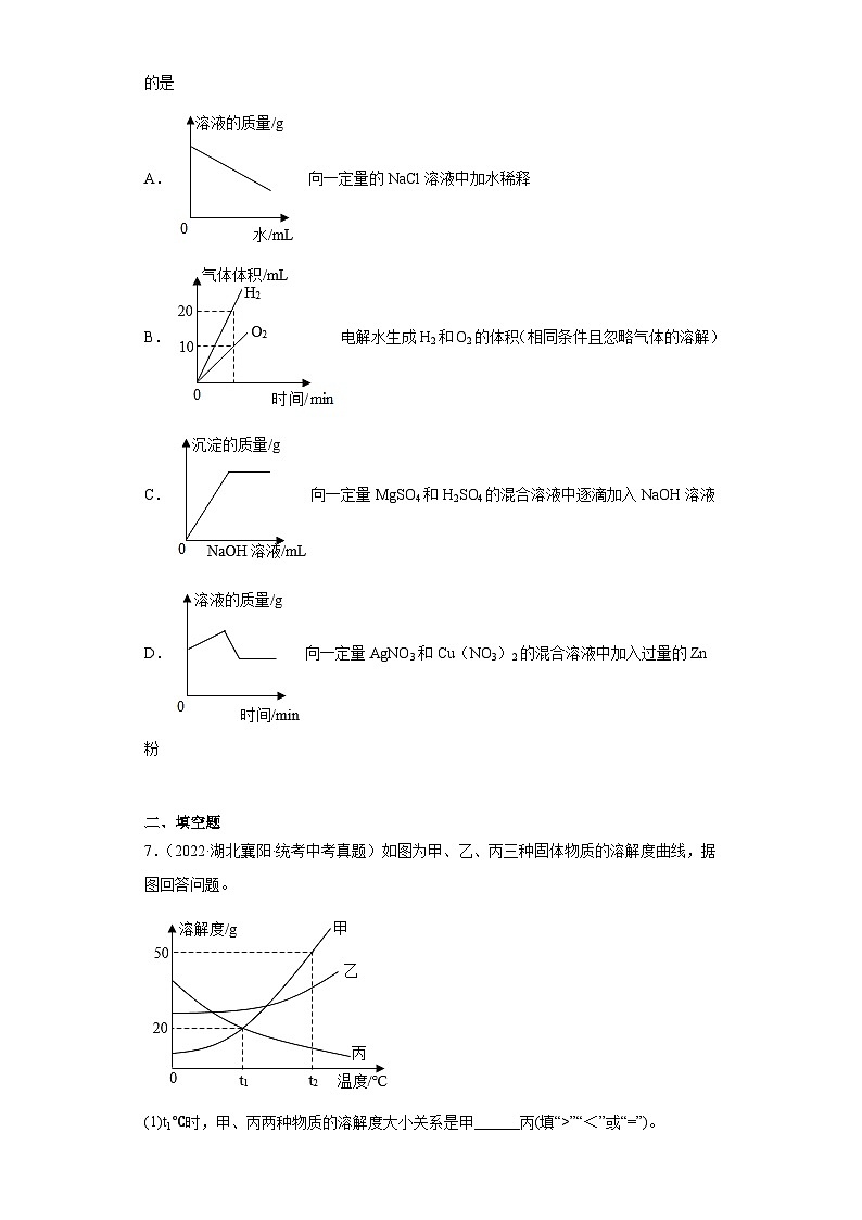 湖北省各地市2022年中考化学真题分项汇编-16溶解度、溶液的浓度及溶液的相关计算第3页