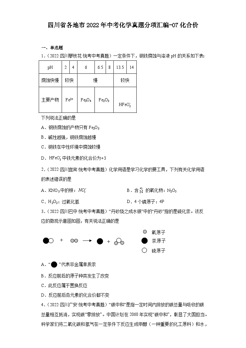 四川省各地市2022年中考化学真题分项汇编-07化合价第1页