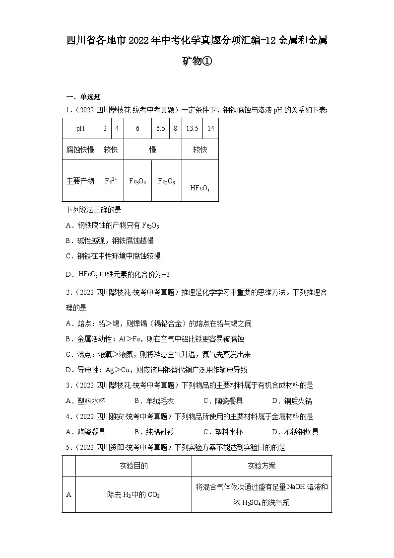 四川省各地市2022年中考化学真题分项汇编-12金属和金属矿物①第1页