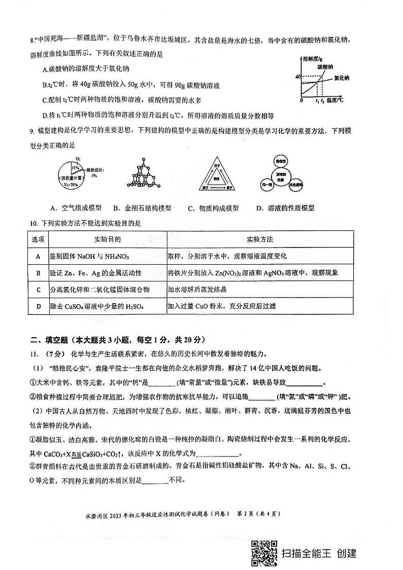 2023年新疆乌鲁木齐市水磨沟区中考适应性测试化学试卷02