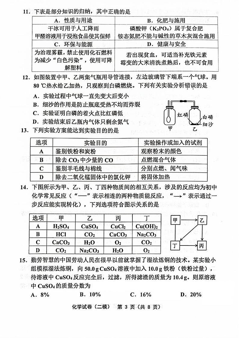 2023年天津部分区中考二模化学试卷(PDF)第3页