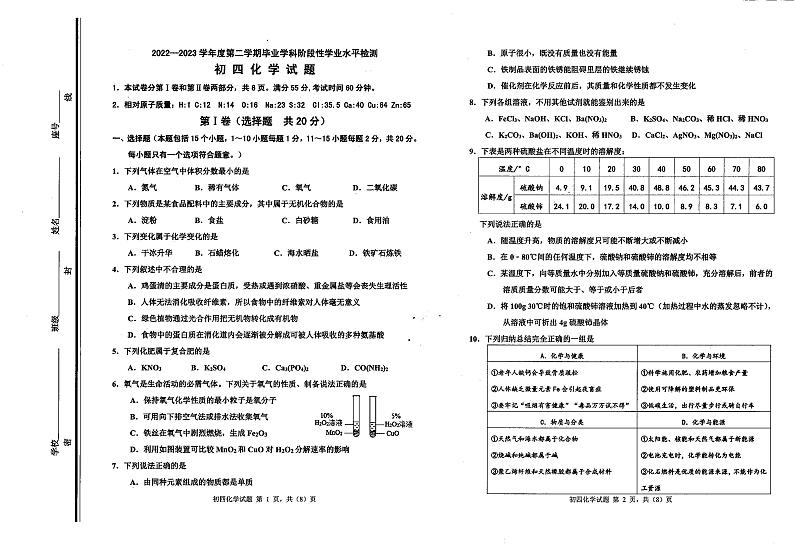 山东省淄博第十一中学（五四制）2022-2023学年下学期初四二模化学试题第1页