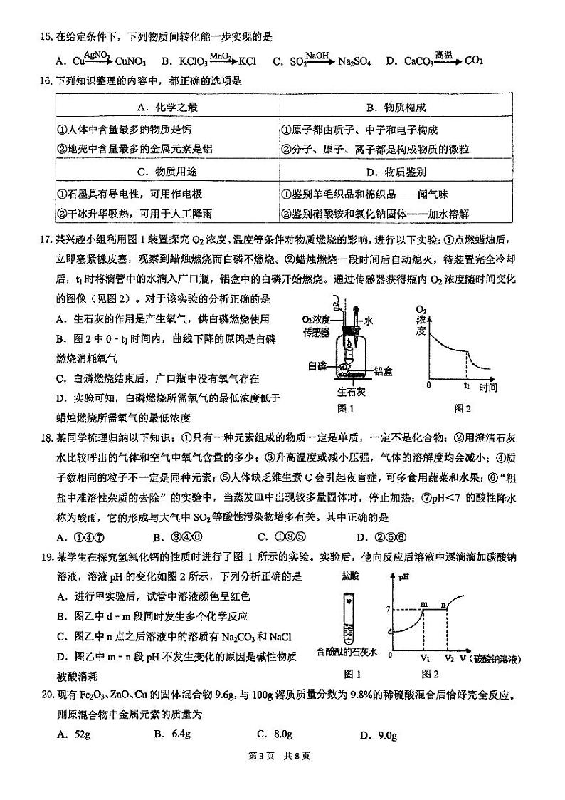 2023年江苏省无锡市积余实验学校化学九年级学业水平模拟考试（二）化学试题03