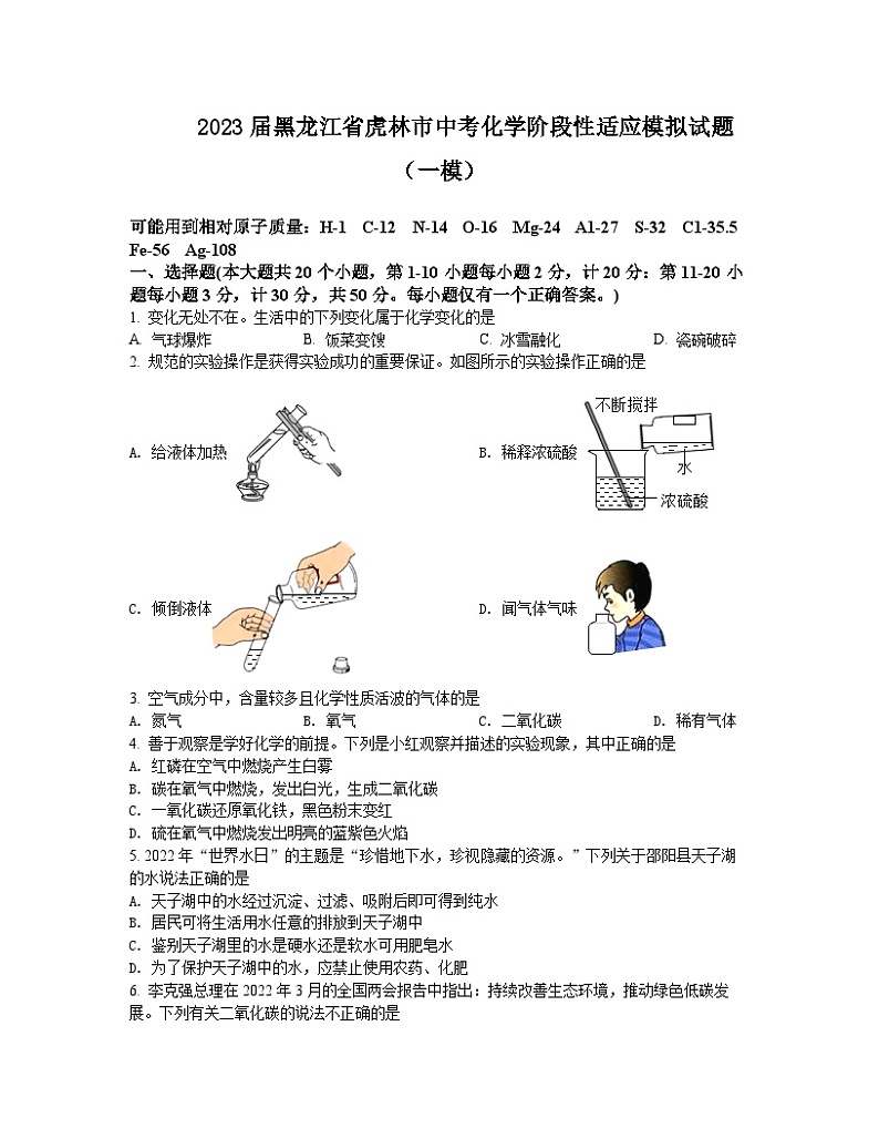 2023届黑龙江省虎林市中考化学阶段性适应模拟试题（一模）含解析01