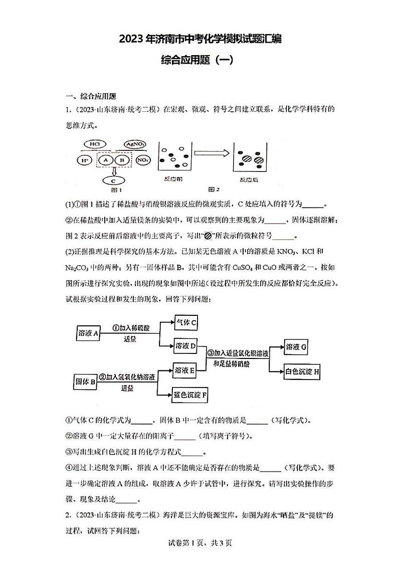 2023年济南市中考化学模拟试题汇编综合应用题一第1页