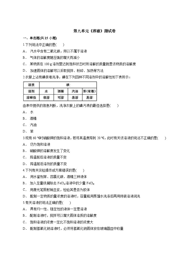 9年级化学人教版下册《第九单元 溶液》单元测试卷05第1页